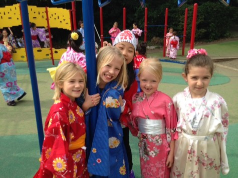 Students dressed in yukata on Japan Day.