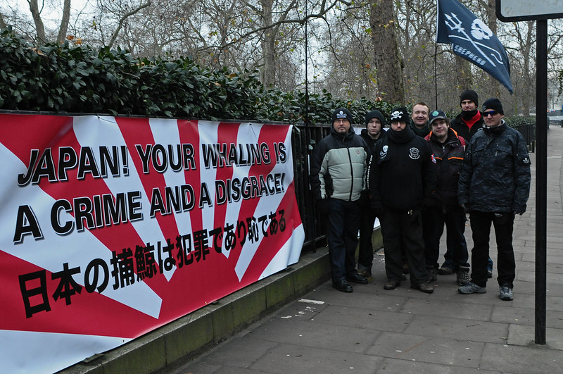 A Sea Shepherd protest against whaling in front of a Japanese embassy in London in 2010. 