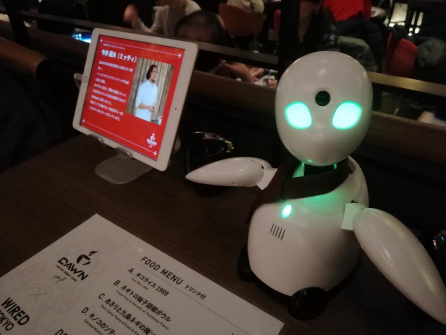 OriHime, a Bunshin robot, waiting on a table at Avatar Robot Cafe DAWN ver.β, Shibuya in January 2020.
