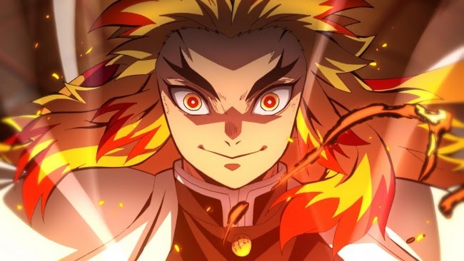 An iconic image of Kyojuro Rengoku from the movie Demon Slayer: Kimetsu no Yaiba the Movie: Infinity Train