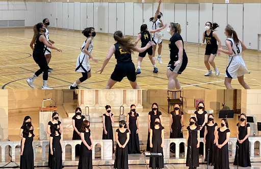 Above: The high school varsity basketball team plays against ASIJ. 
Below: The Vocal Ensemble performs at the 2021 Christmas concert. 