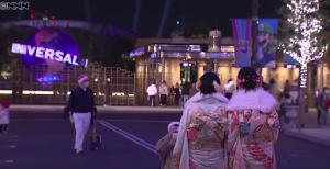 Celebrating the coming of age ceremony at Universal Studios in Osaka, Japan.