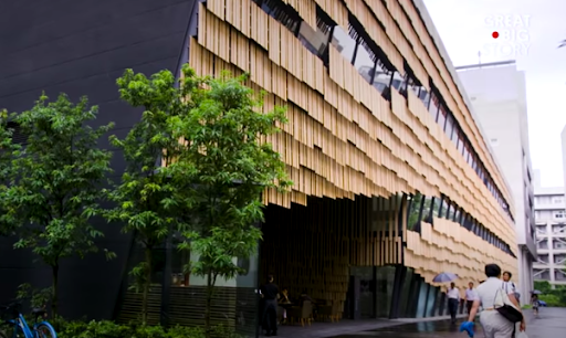 Kengo Kuma’s architecture Daiwa Ubiquitous Computing Research Building.
(Photo credit: Great Big Story, YouTube)