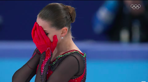 Valieva finishes her free program in tears.
