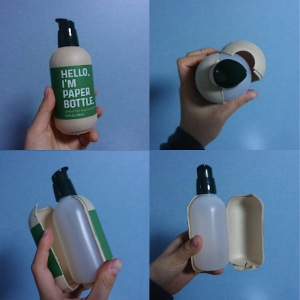Innisfree’s paper bottle product reveals plastic when cut open.

