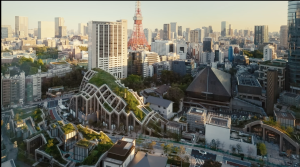 Azabudai Hills' greenery marks its presence in the busy city of Tokyo. (Image credit: @Dezeen on Youtube)