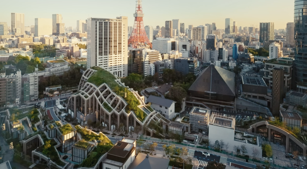 Azabudai Hills' greenery marks its presence in the busy city of Tokyo. (Image credit: @Dezeen on Youtube)