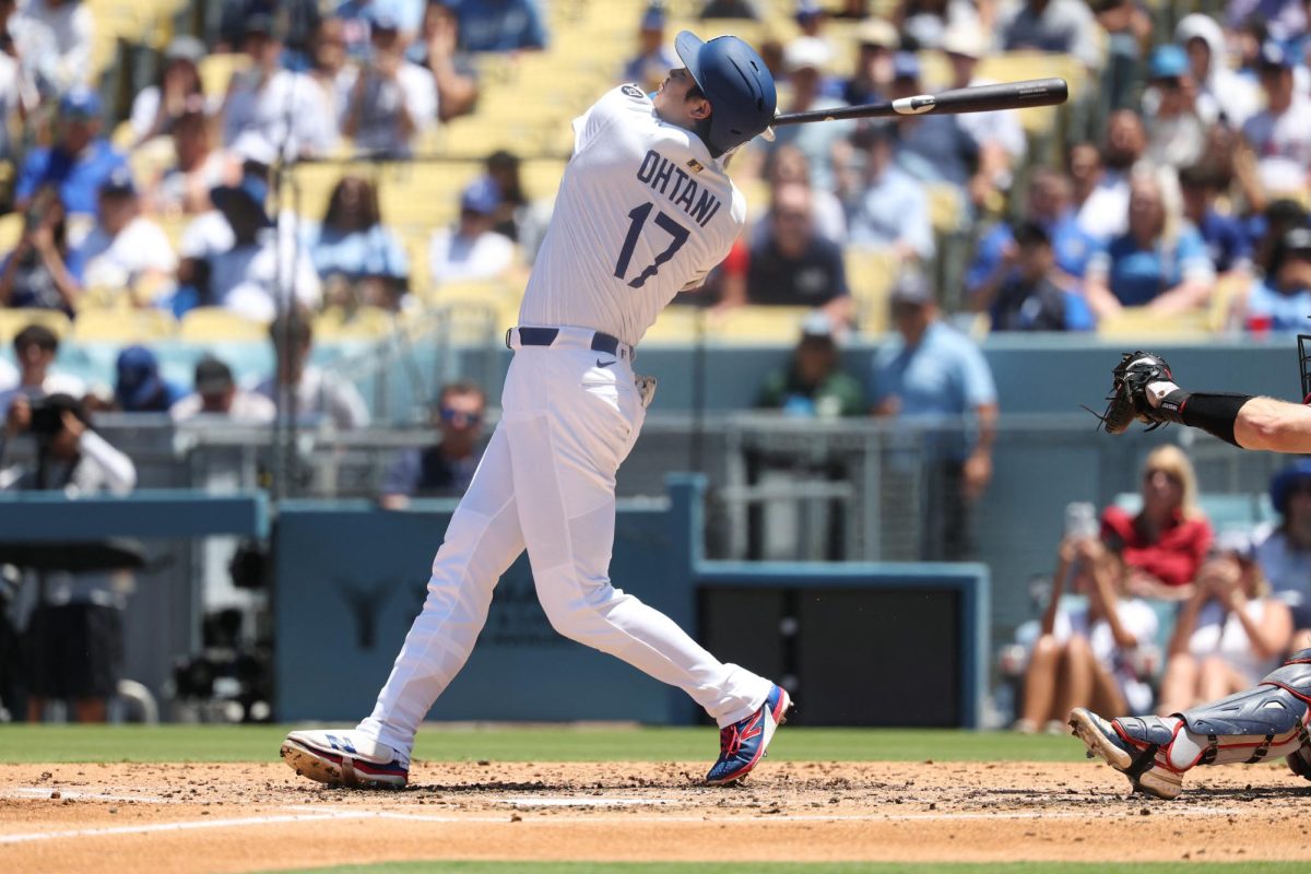 Jul 23, 2025; Los Angeles, California, USA; Los Angeles Dodgers designated hitter Shohei Ohtani (17) strikes out during the third inning against the Minnesota Twins at Dodger Stadium. Mandatory Credit: Kiyoshi Mio-Imagn Images